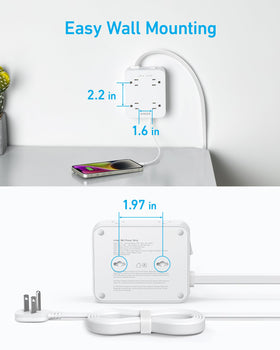 Anker power strip beside smartphone showing compact size and easy placement benefit