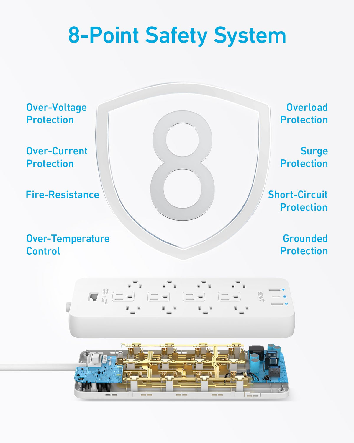 Anker label close-up showing 2100J surge protection and safety features