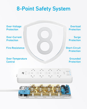 Anker label close-up showing 2100J surge protection and safety features