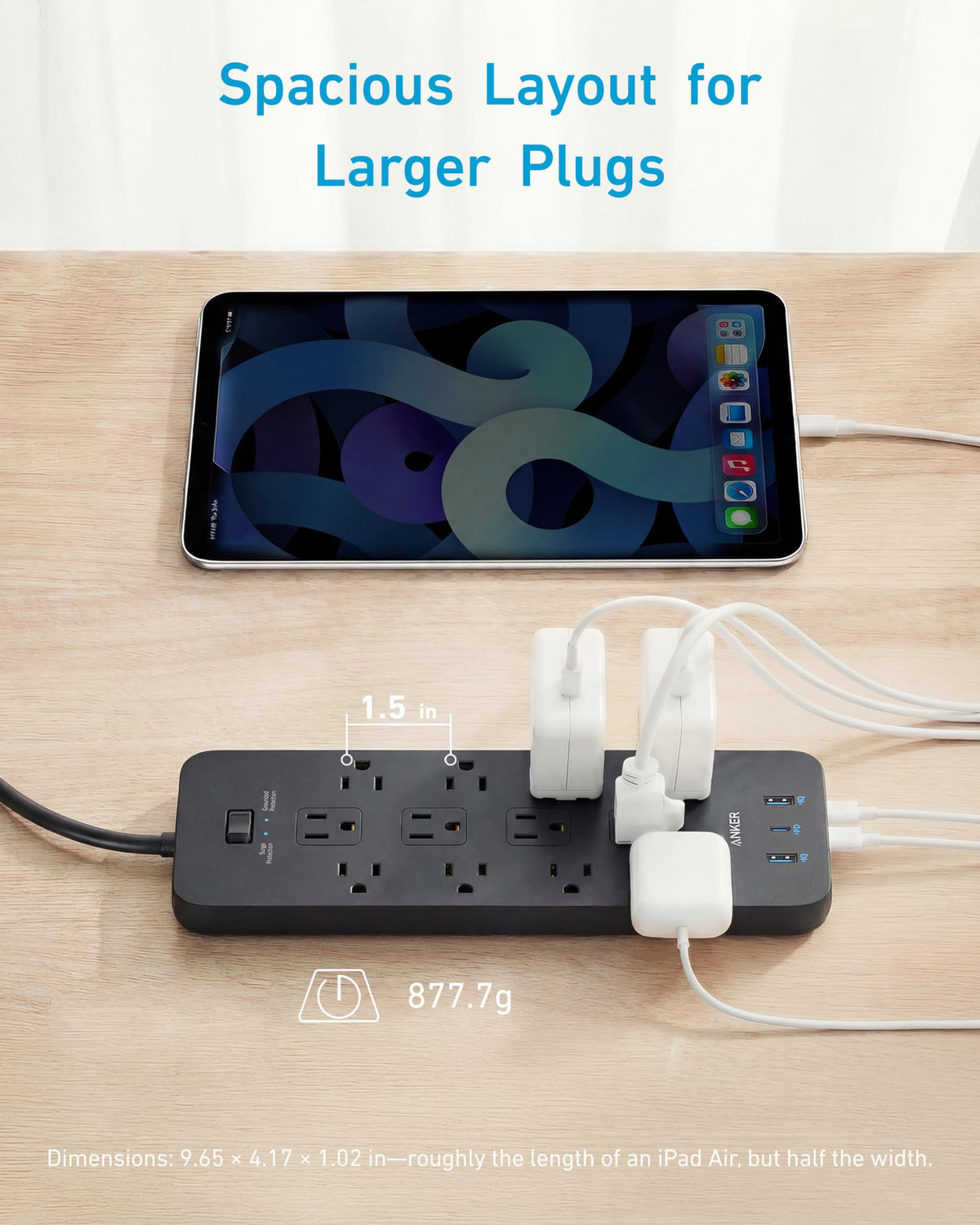 Anker power strip surge protector label showing 2100J protection for device safety