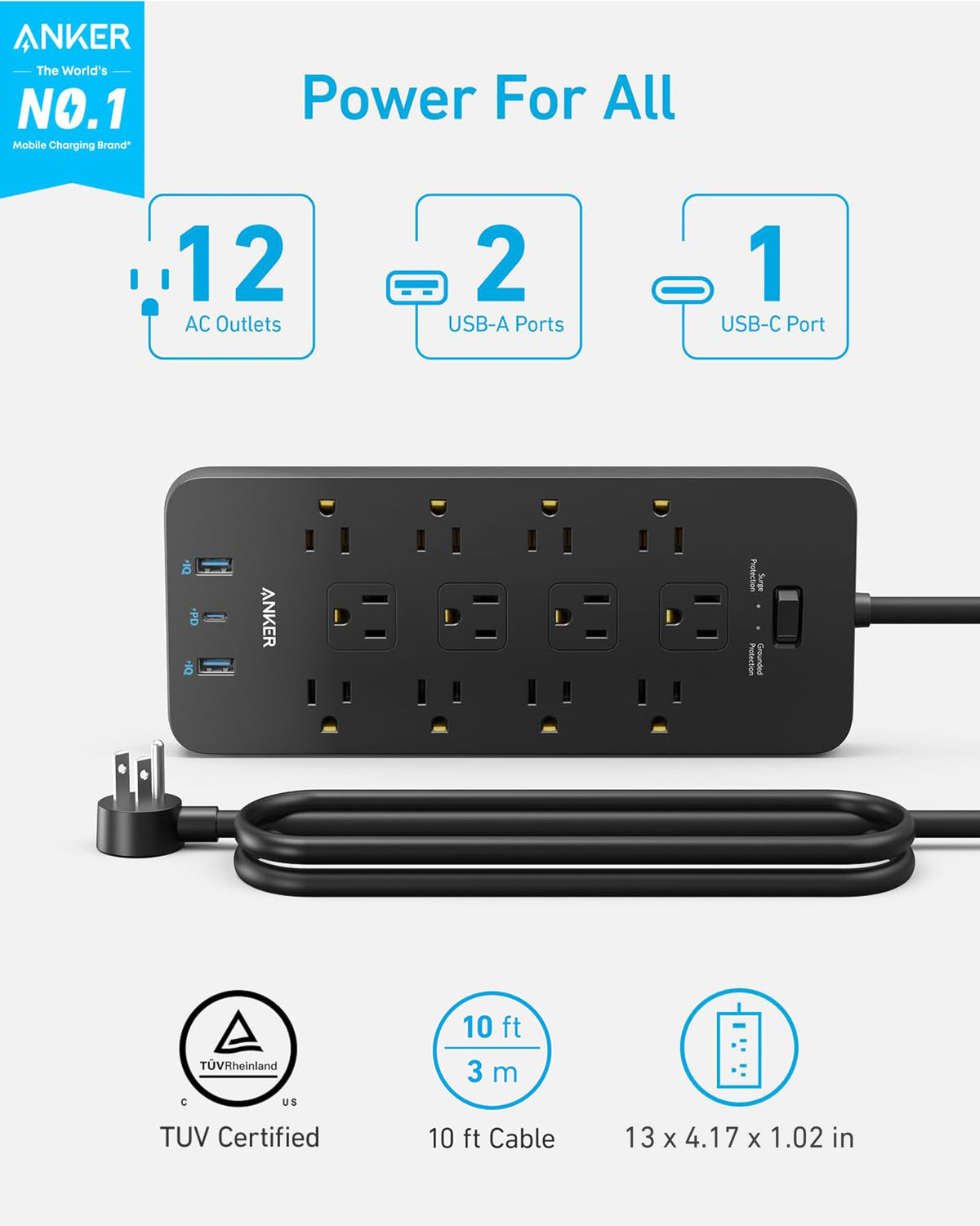 Anker power strip top outlet layout highlighting roomy spacing for large plugs