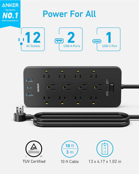 Anker power strip top outlet layout highlighting roomy spacing for large plugs