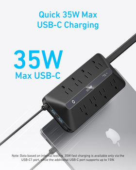 Anker closeup of USB-C and AC ports demonstrating fast 35W charging capability