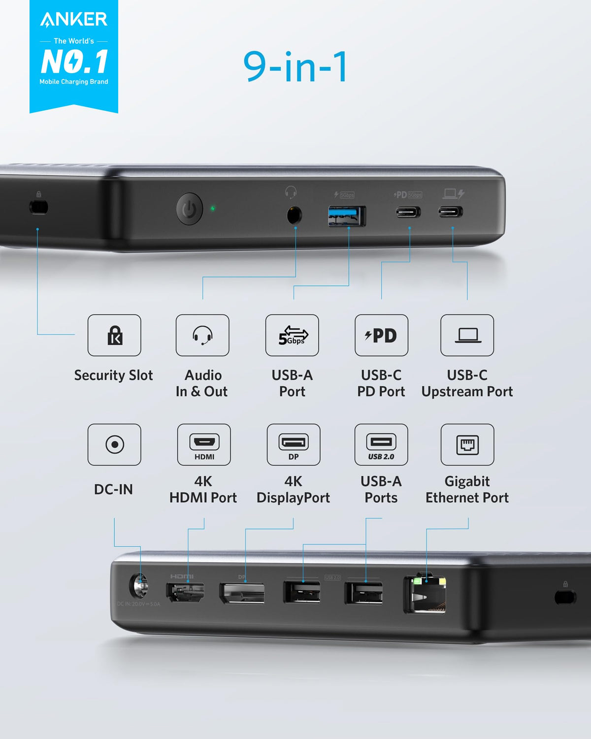 Anker PowerExpand 9-in-1 dock charging a laptop up to 60W via USB-C PD.