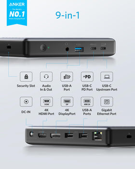 Anker PowerExpand 9-in-1 dock charging a laptop up to 60W via USB-C PD.