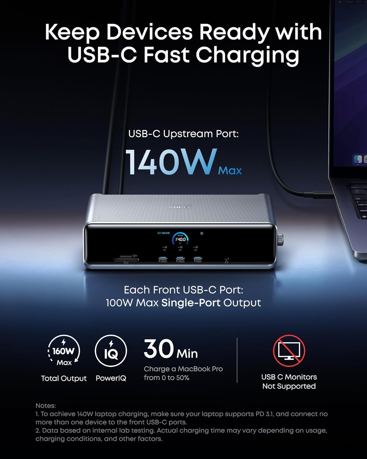 Anker Prime Dock DL7400 USB-C PD port for laptop charging on the go.
