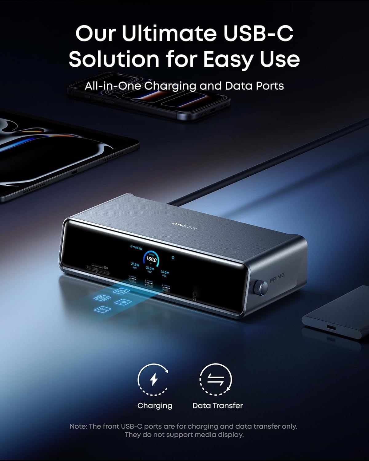 Anker Prime Dock DL7400 included 180W power adapter supports all-day use.