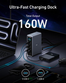 Docking station highlights 160W total charging output for multi-device power.