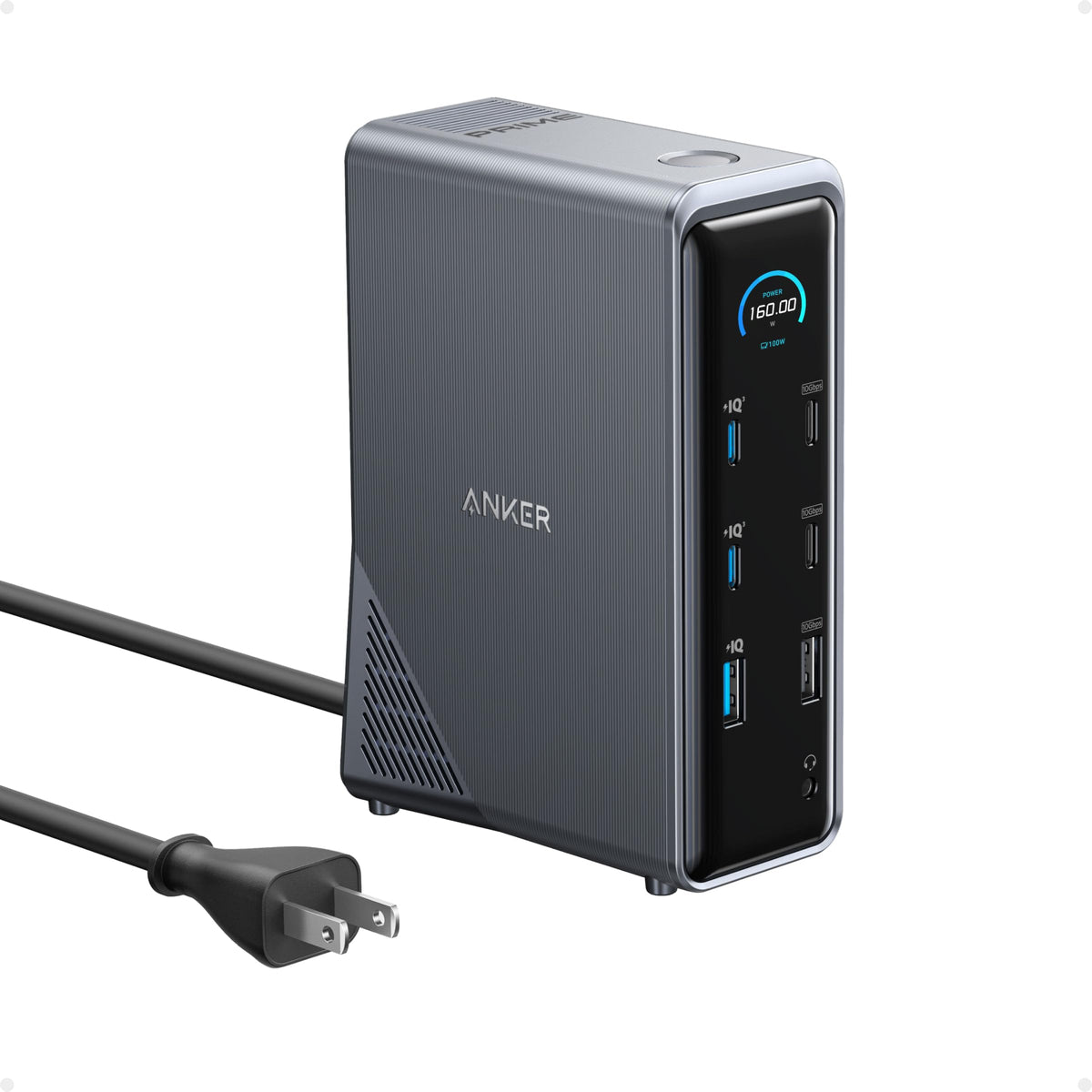Anker Prime Docking Station angled front view with 14 ports for charging and data transfer.