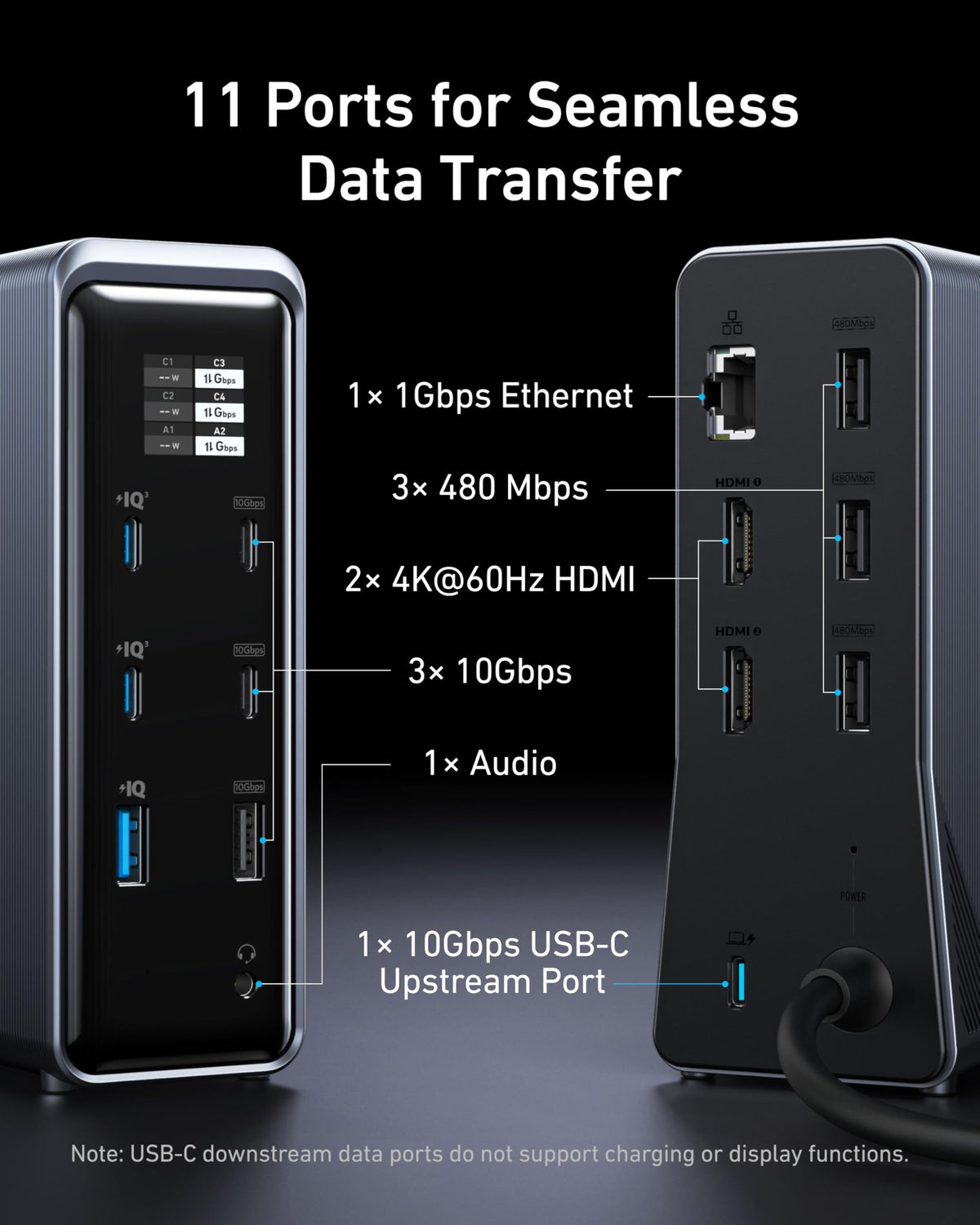 Box contents shown: dock, upstream USB-C cable, safety sheet, support access.