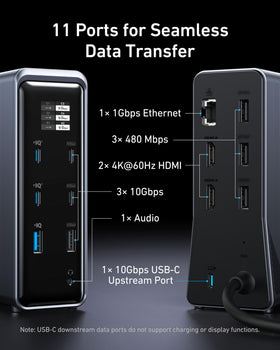 Box contents shown: dock, upstream USB-C cable, safety sheet, support access.