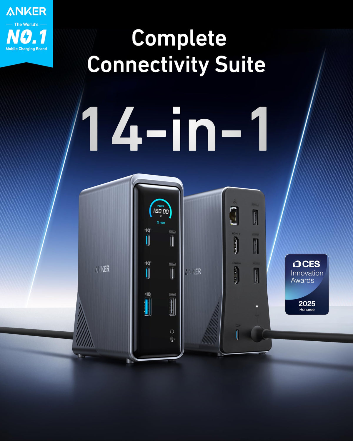 Rear ports visible with USB-C, USB-A, Ethernet, and audio for complete workstation connectivity.