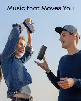 Anker Soundcore 2 attached to a backpack illustrating travel-ready portability and durability