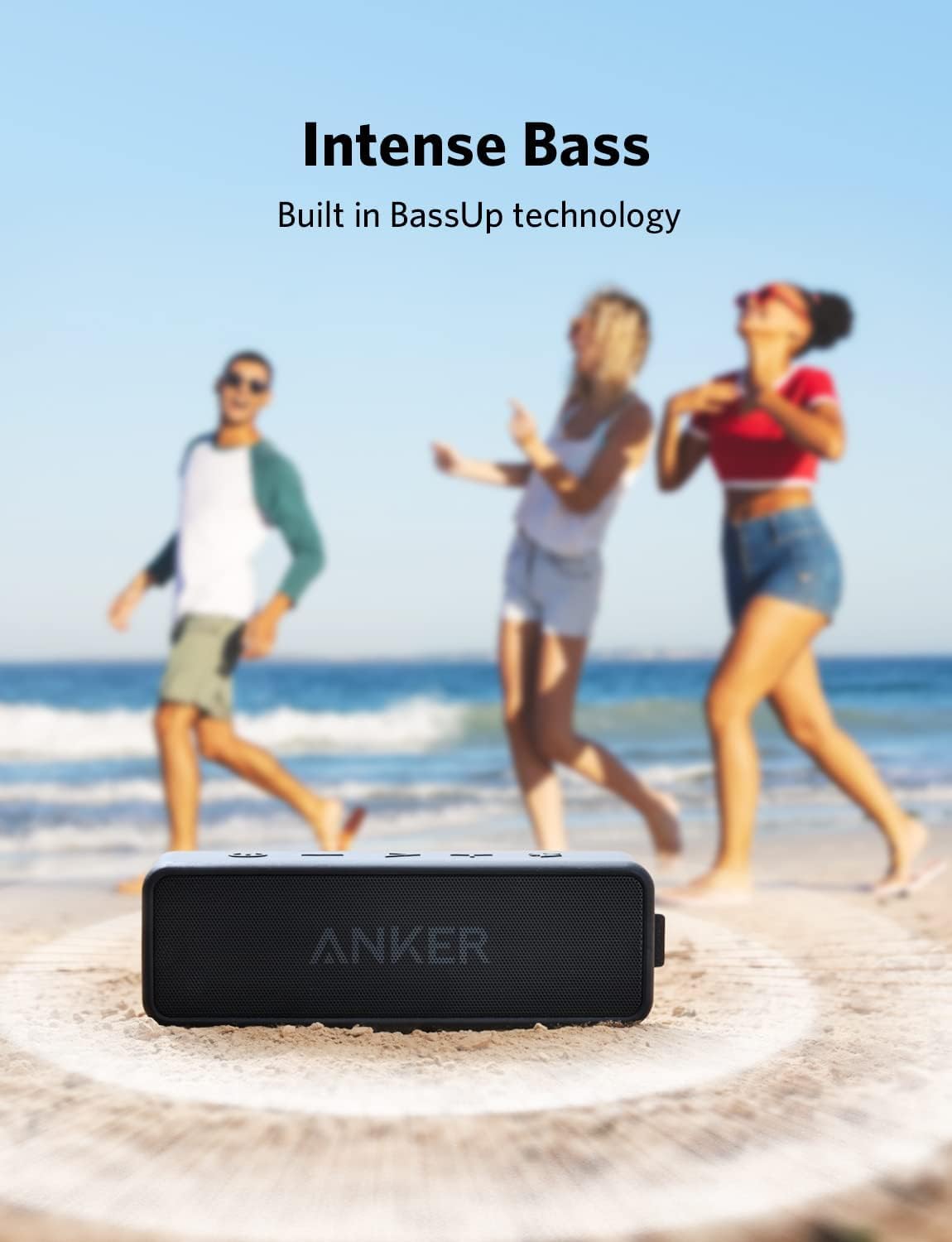 Anker Soundcore 2 by a pool demonstrating IPX7 waterproof protection and worry-free use