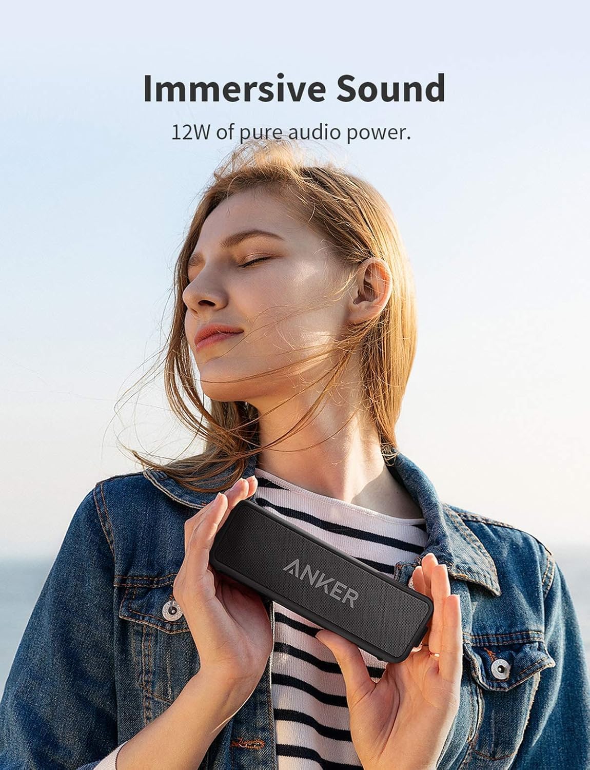 Anker Soundcore 2 side view focusing on spiral bass port for deeper low-frequency impact