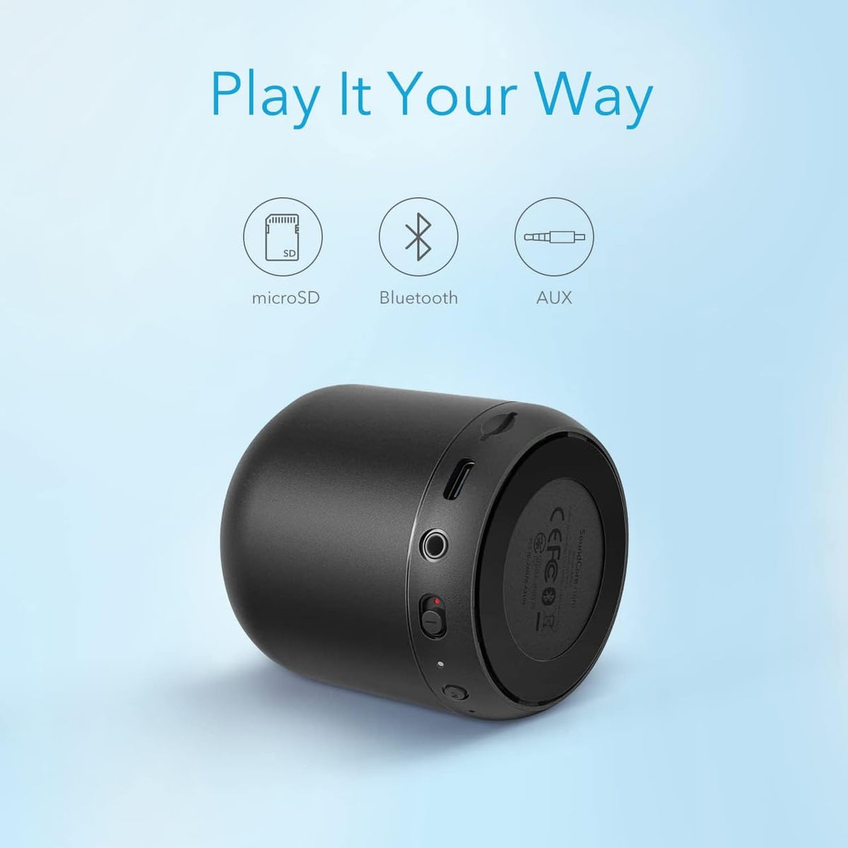 Anker Soundcore Mini ports with AUX and MicroSD visible for versatile offline playback