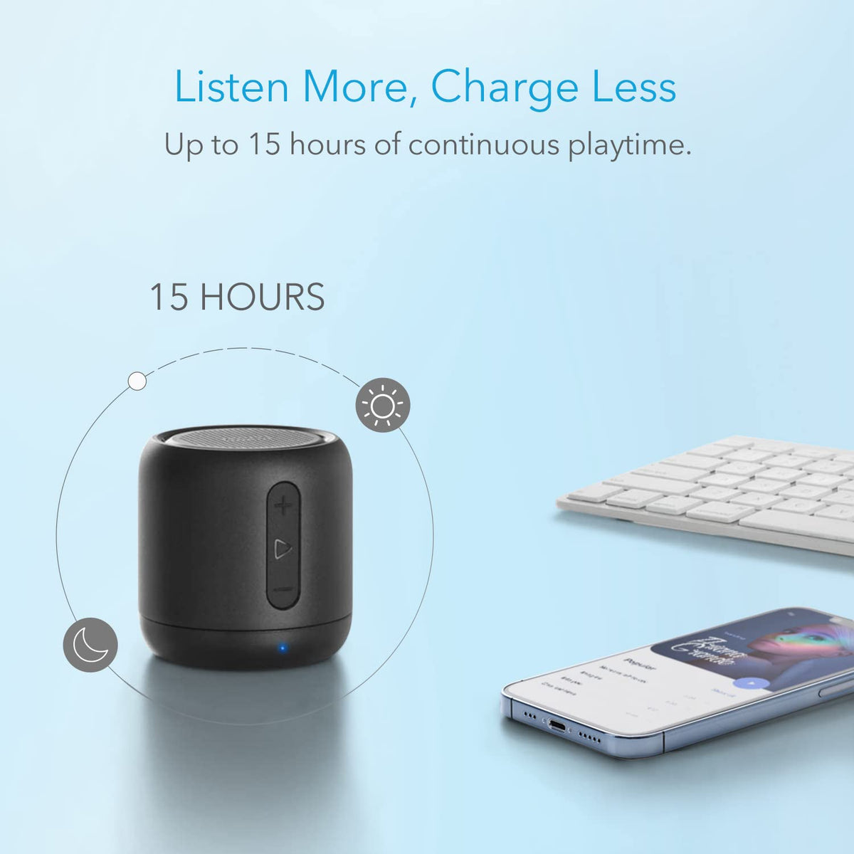 Anker Soundcore Mini driver and passive radiator detail illustrating enhanced bass performance