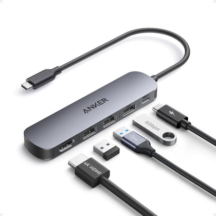 Anker USB-C Hub 5-in-1 front view with compact connectivity.
