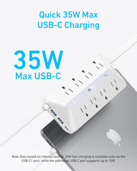 Anker USB-C port closeup highlighting 35W fast-charge capability for laptops