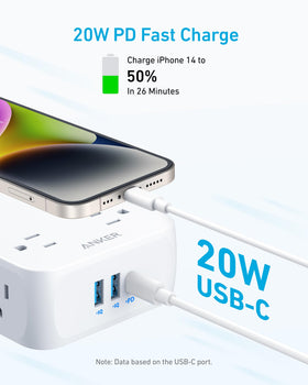 Anker USB ports detail highlighting 20W USB-C and two USB-A ports for fast charging