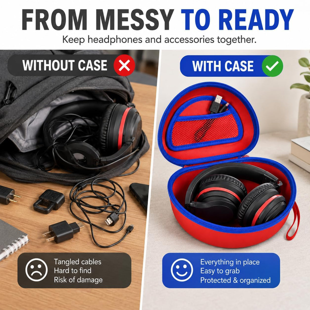 ANKHOH open case with headphones illustrating protected storage fit