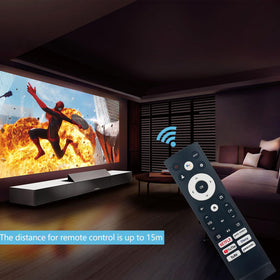 Anloti replacement remote in use, controlling Hisense TV with fast input.