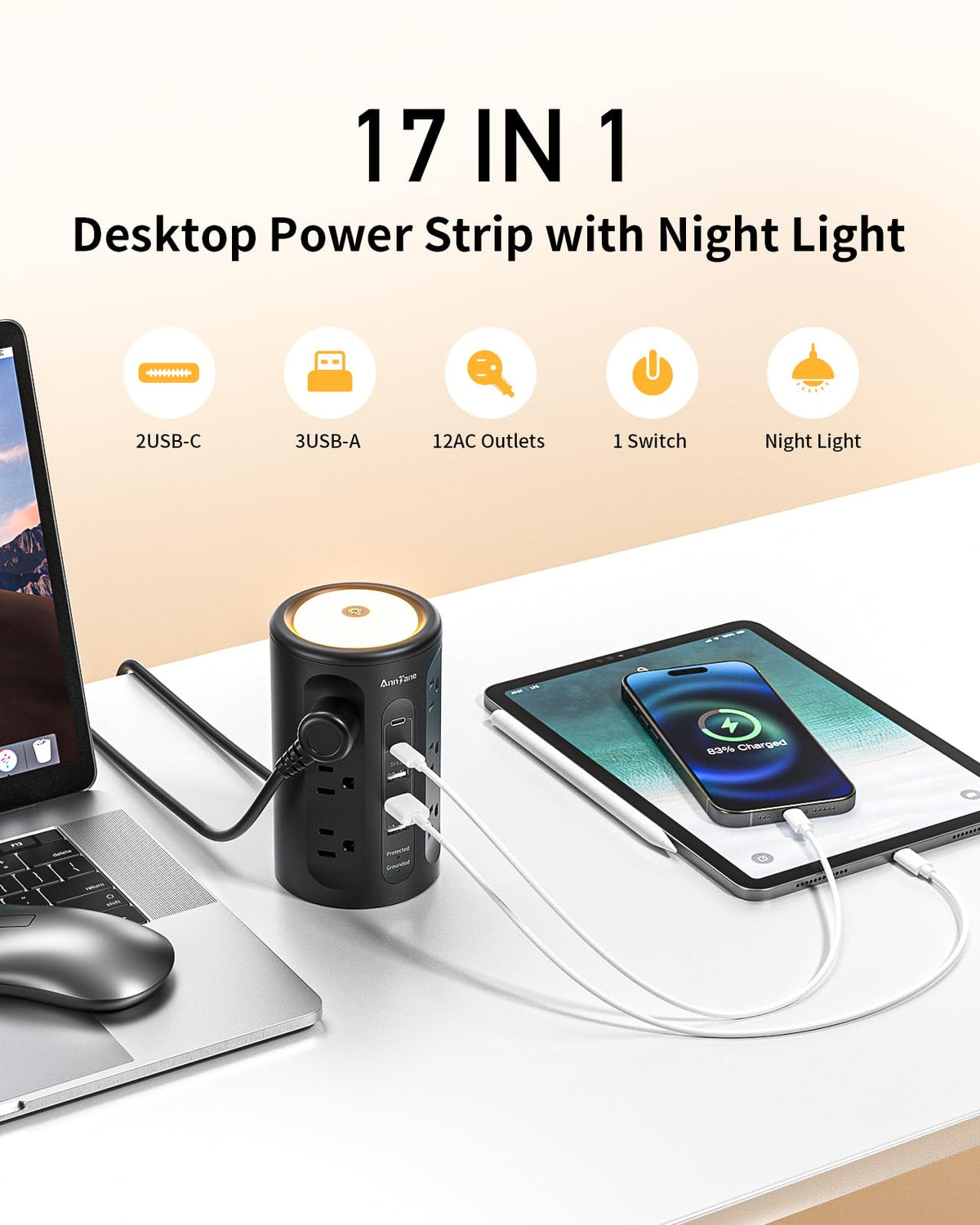 AnnTane Power Strip Tower side view showing 12 outlets for multiple devices