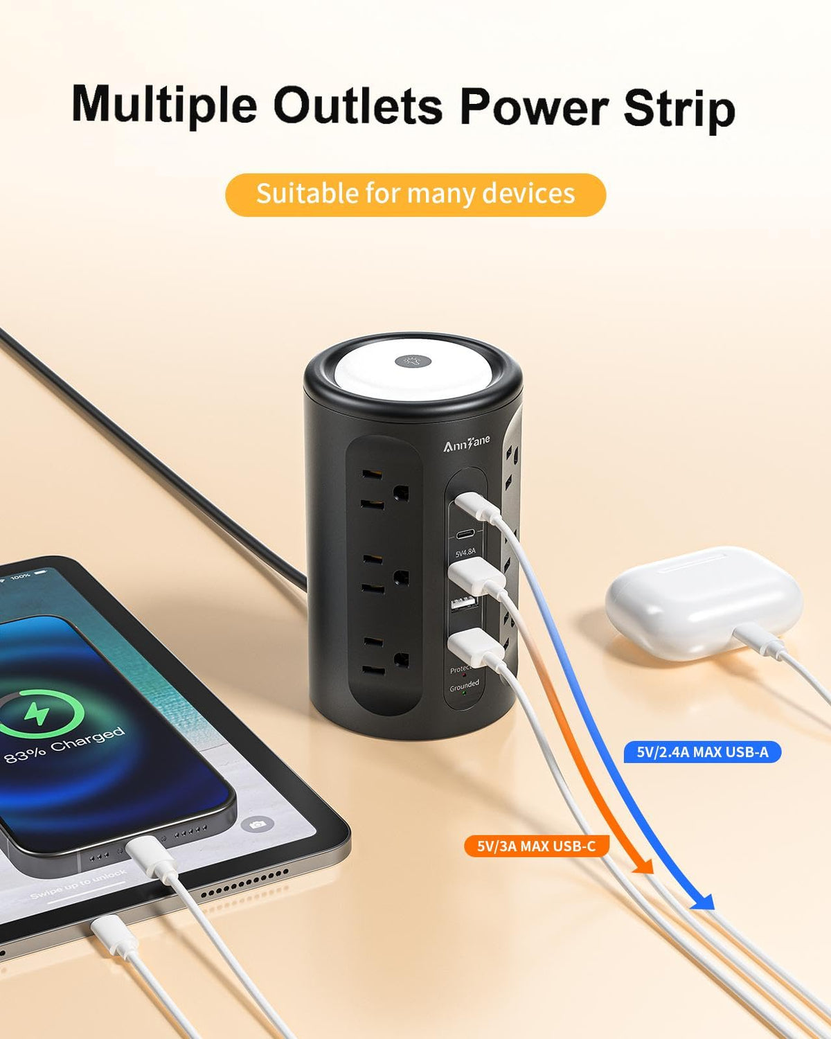 AnnTane Power Strip Tower compact dimensions fit on small desks