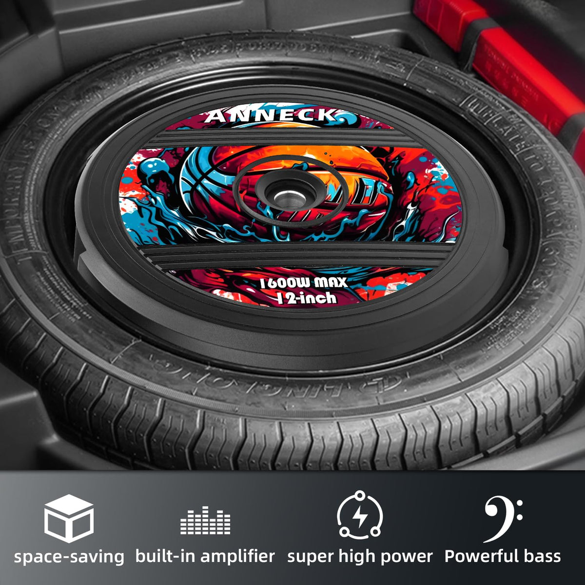 ANNECK spare-tire subwoofer with built-in amplifier enables simple plug-and-play audio.