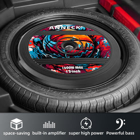 ANNECK spare-tire subwoofer with built-in amplifier enables simple plug-and-play audio.