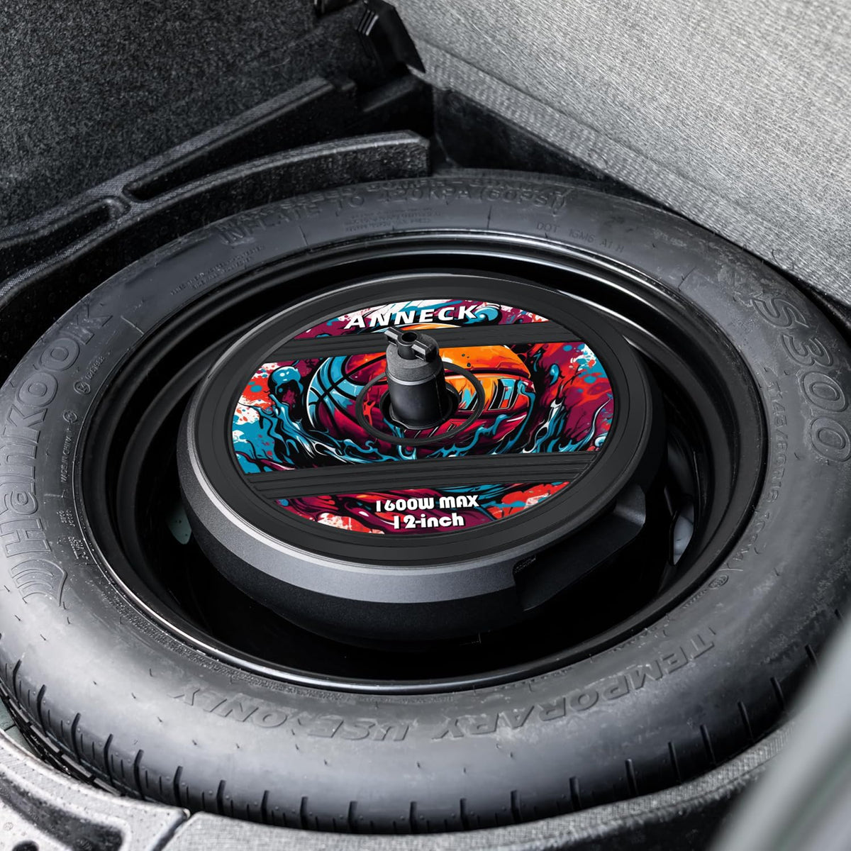 ANNECK spare-tire subwoofer universal fit supports most vehicle spare wells.