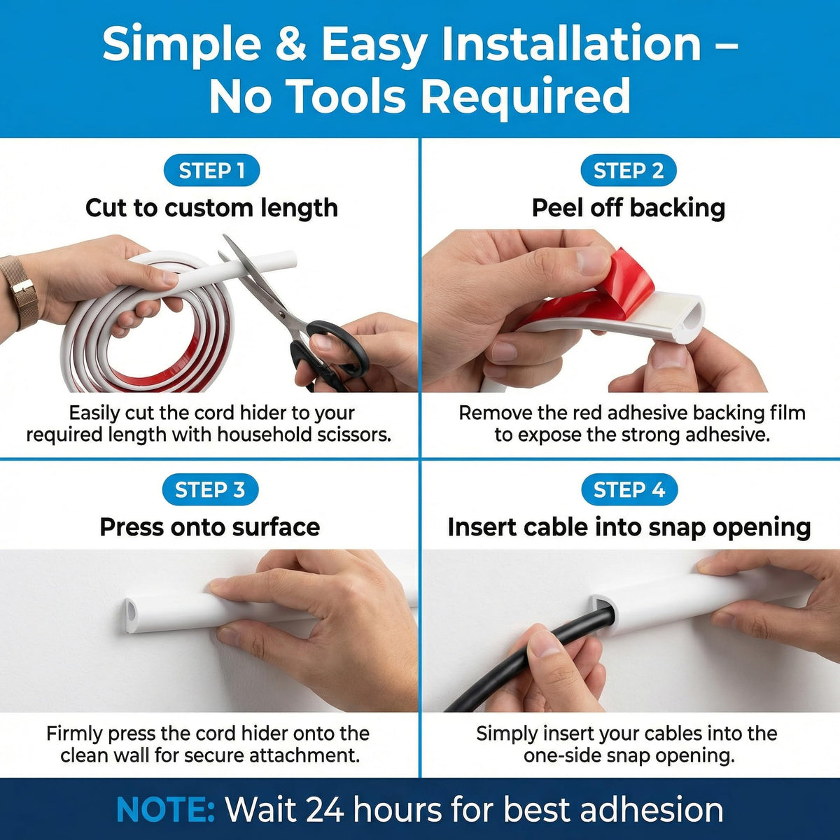 ANNISITE easy-install cord hider with peel, stick, snap for fast setup.