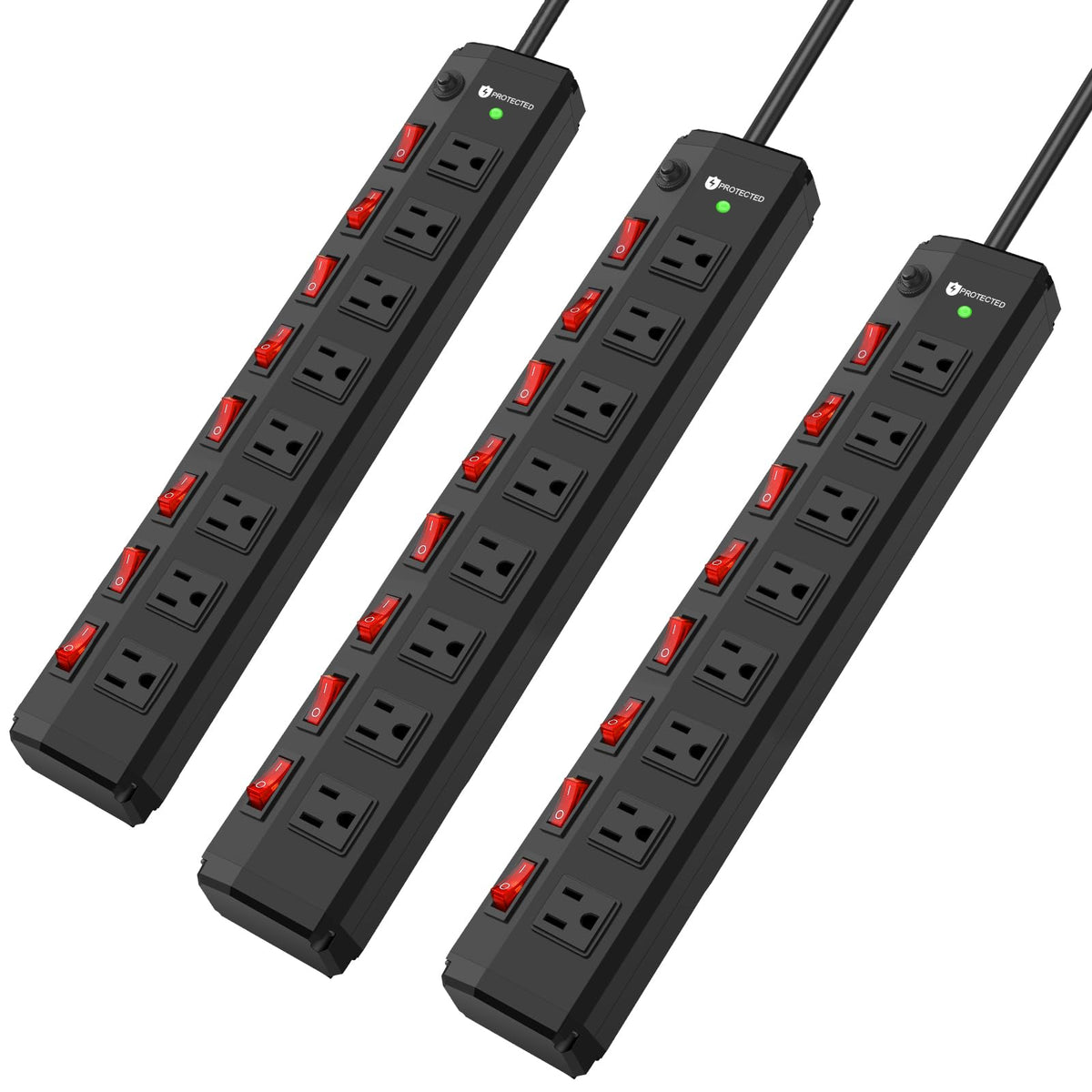ANNQUAN 3-pack, wide-spaced 8-outlet strip for bulky plugs.