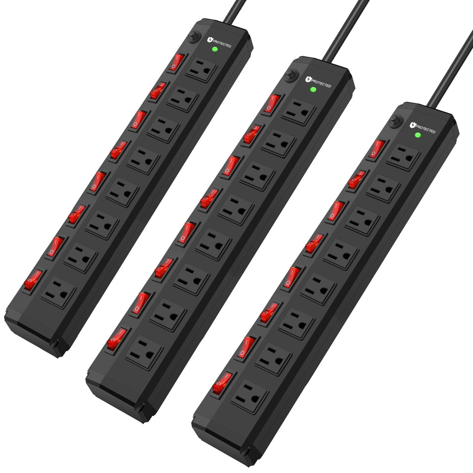 ANNQUAN 3-pack, wide-spaced 8-outlet strip for bulky plugs.