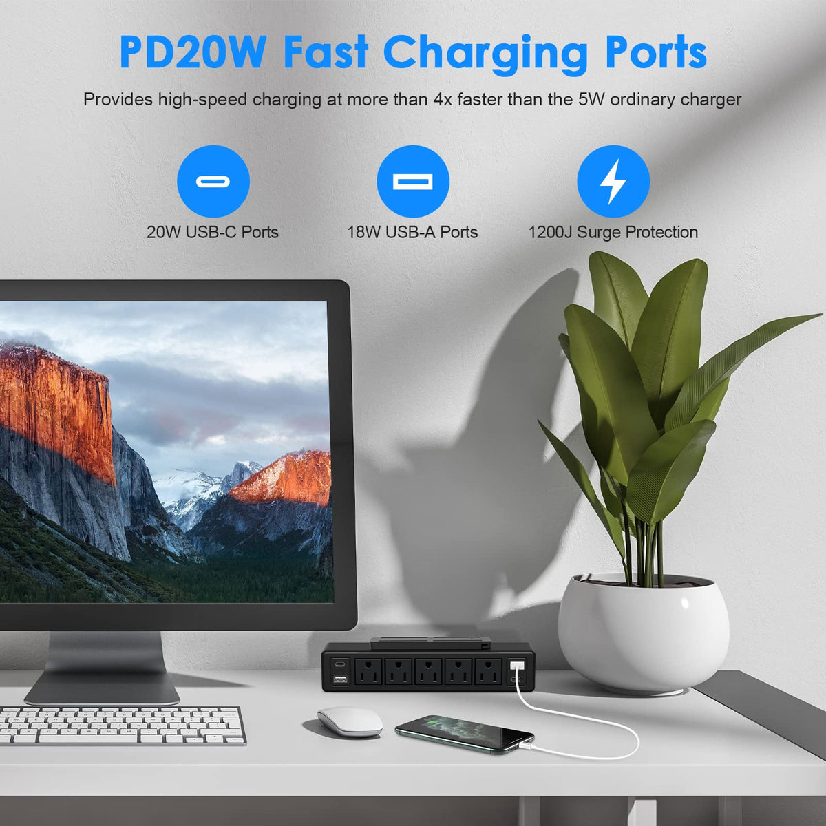 ANNQUAN 9-in-1 desk power strip ports neatly accessible for multi-device setup.