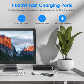 ANNQUAN 9-in-1 desk power strip ports neatly accessible for multi-device setup.