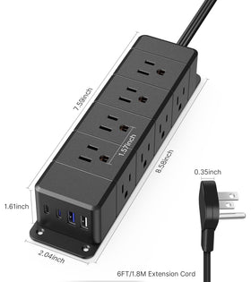 ANNQUAN power strip on a desk powering laptop, monitor, and phone for neat setup