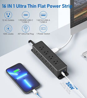 ANNQUAN close-up of ultra thin 45-degree flat plug fitting behind furniture