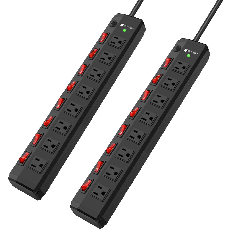 ANNQUAN front view of metal power strip showing all eight outlets and switches for easy control