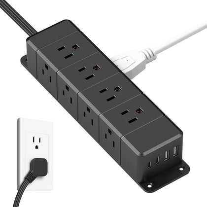 ANNQUAN front view of power strip showing outlets and USB ports for organized charging