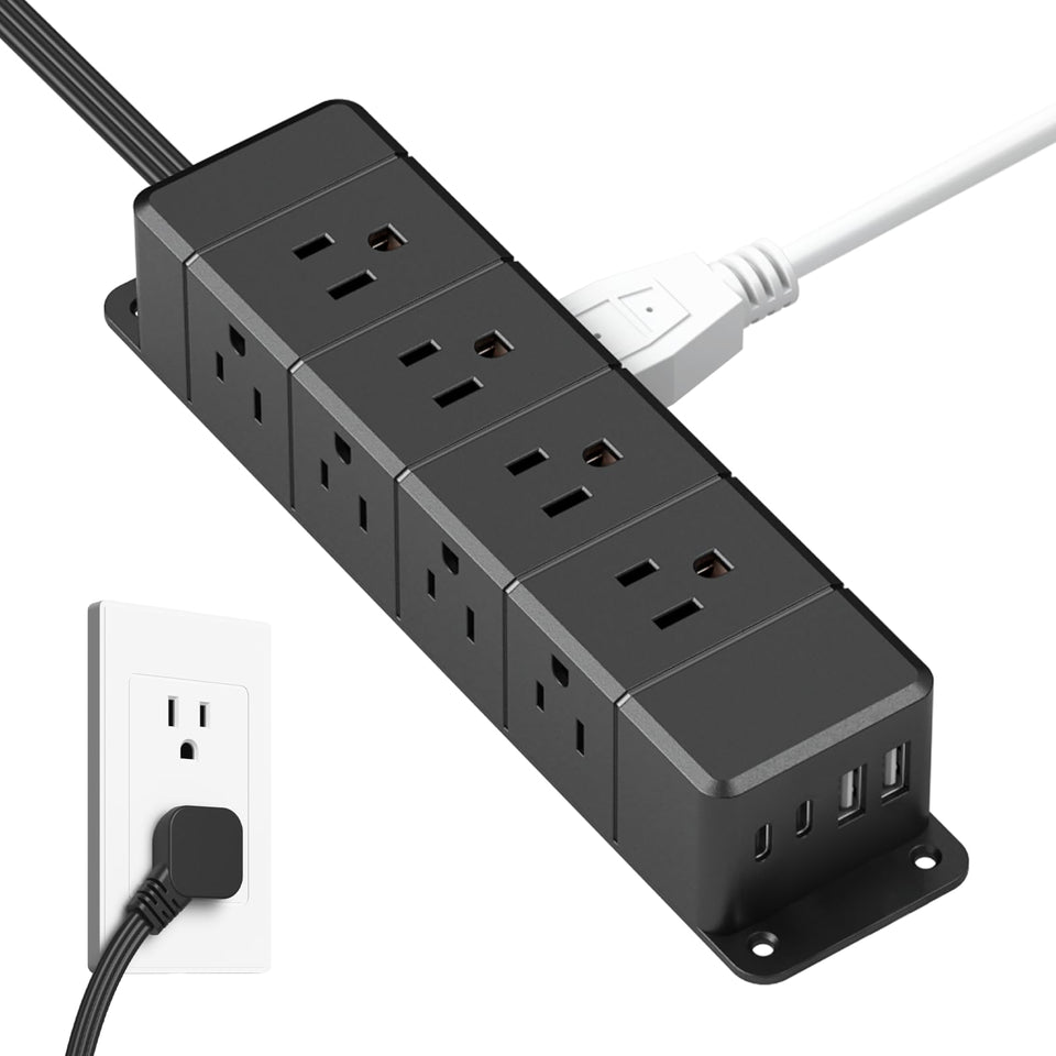 ANNQUAN front view of power strip showing outlets and USB ports for organized charging