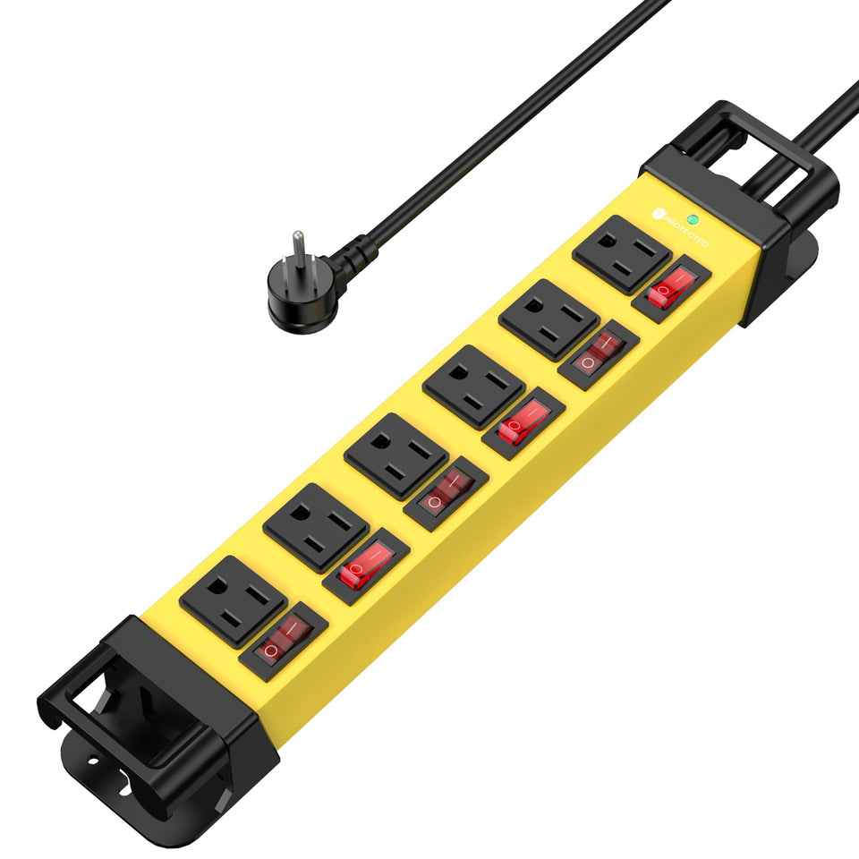 ANNQUAN heavy-duty power strip with six outlets for organized tool charging on a workbench