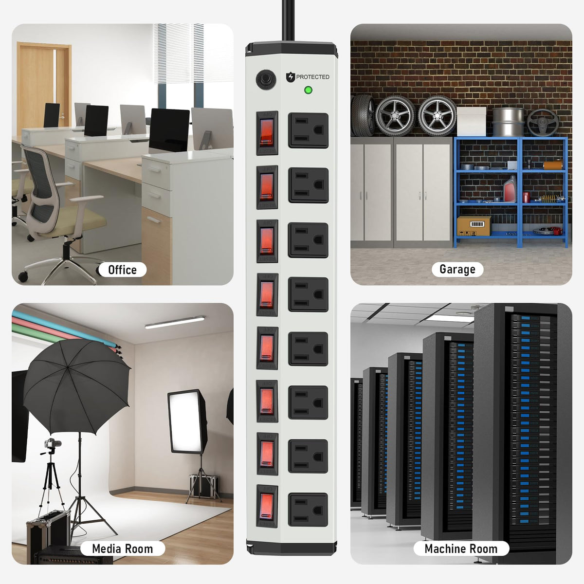 ANNQUAN power strip powering monitors and chargers in a neat home office setup