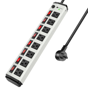 ANNQUAN metal power strip front view showing eight outlets and switches for organized power
