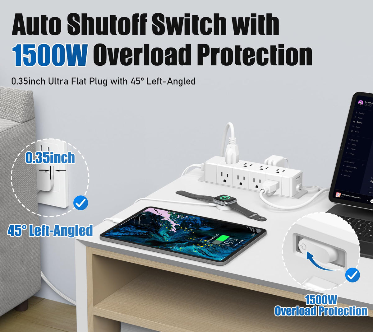 ANNQUAN side profile showing four-sided outlets preventing adapter blocking