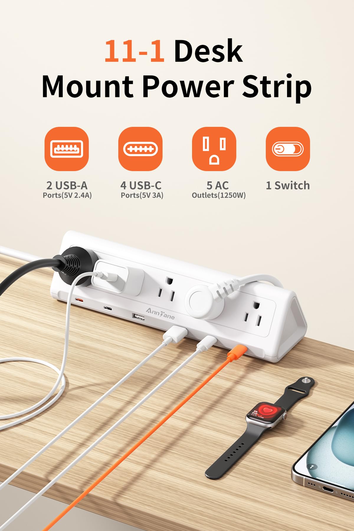 AnnTane close-up of widely spaced AC outlets allowing bulky adapters to fit easily