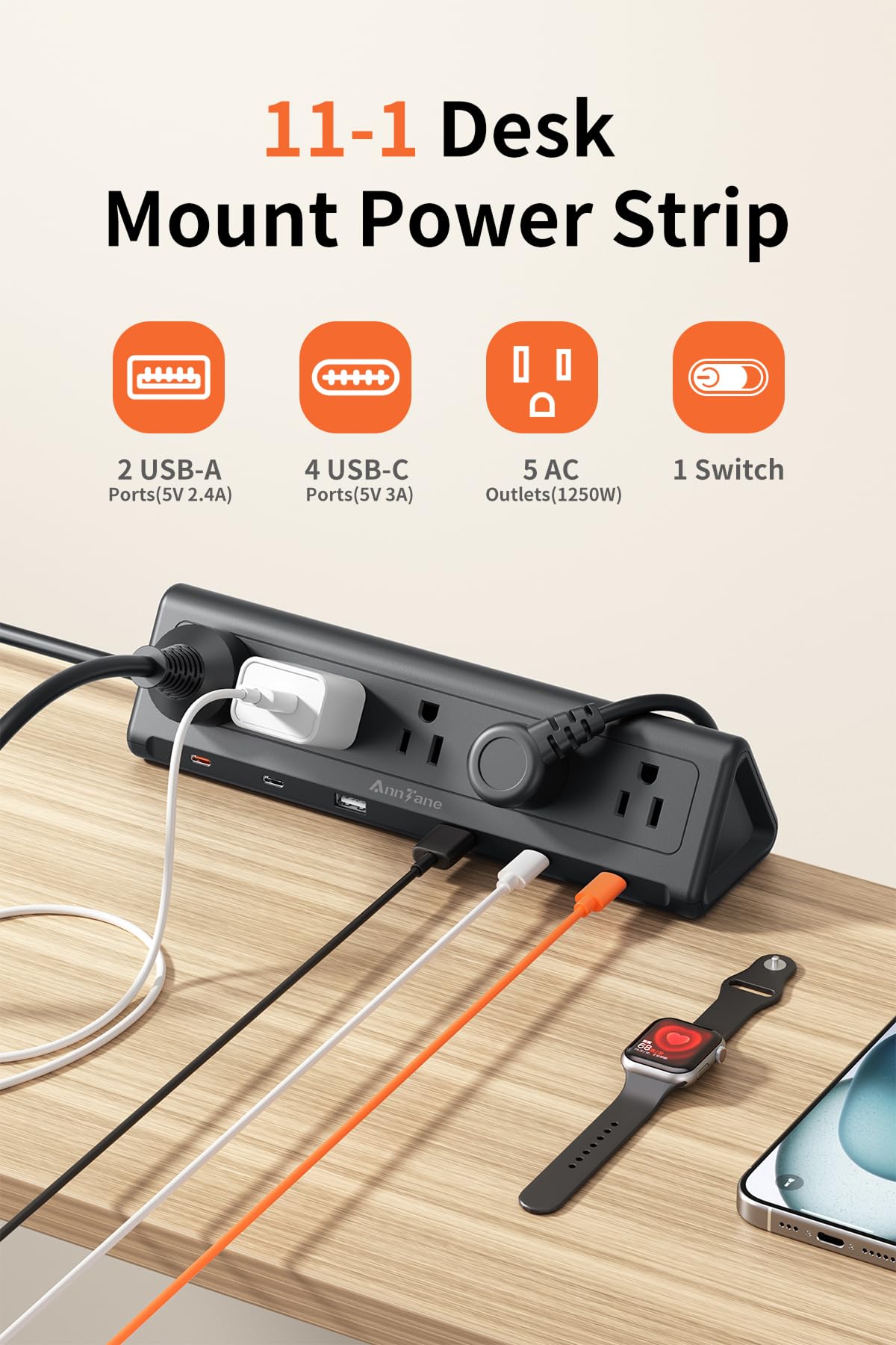 AnnTane closeup of USB-C and USB-A ports for fast, shared 40W charging