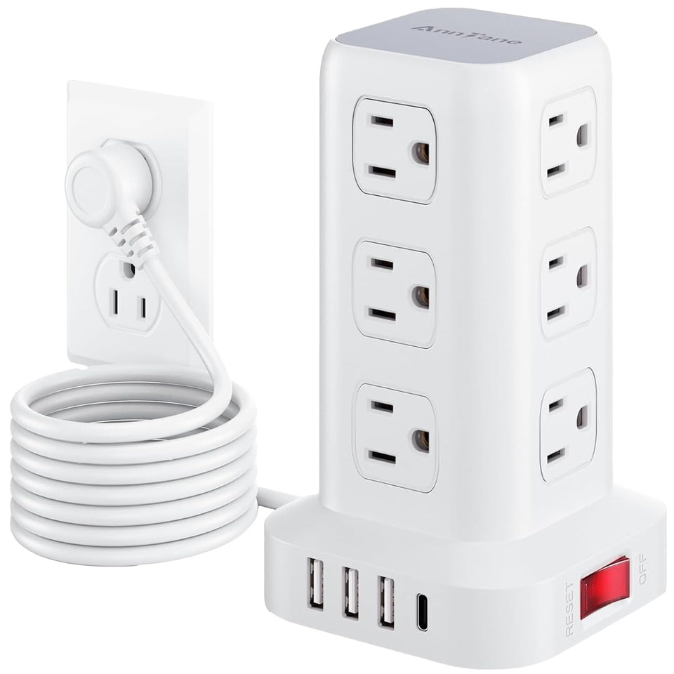AnnTane front view of power tower showing outlets and clean footprint benefit