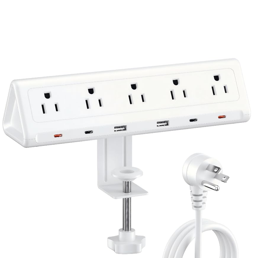 AnnTane front view of clamp power strip showing outlets and USB ports for organized charging