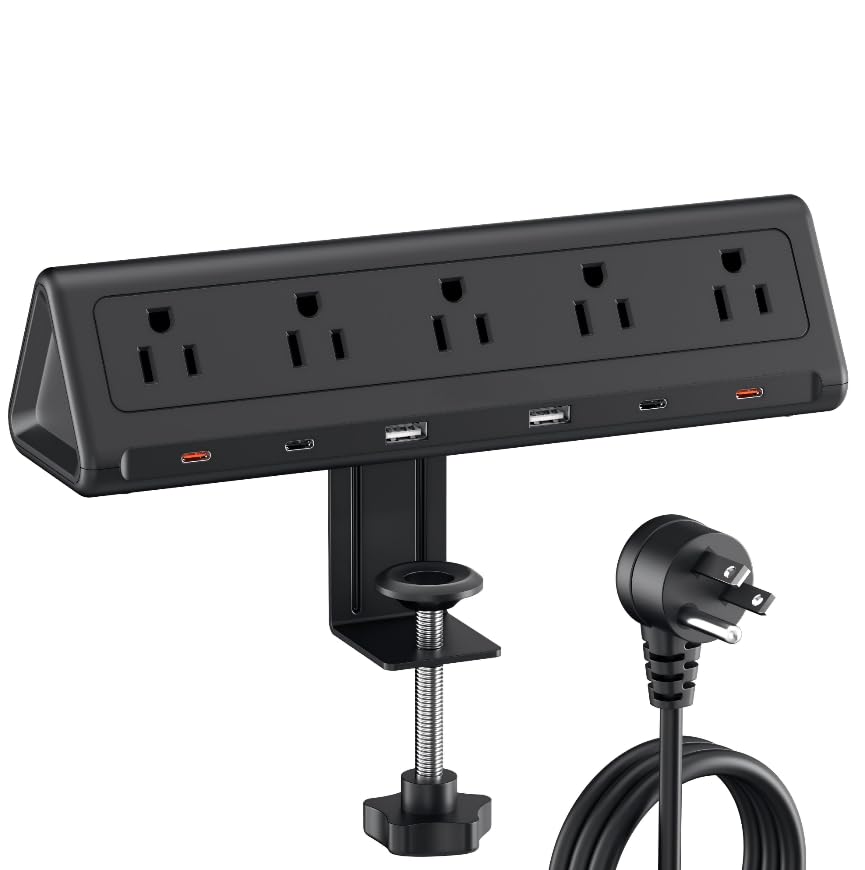 AnnTane front view clamped to desk showing organized power and easy access